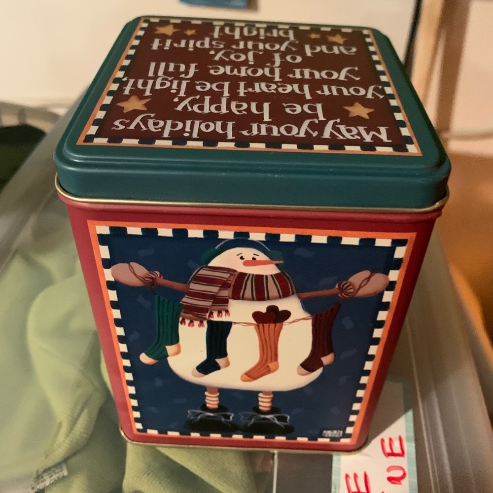 Holiday Snowman Decorative Tin - Red and Teal